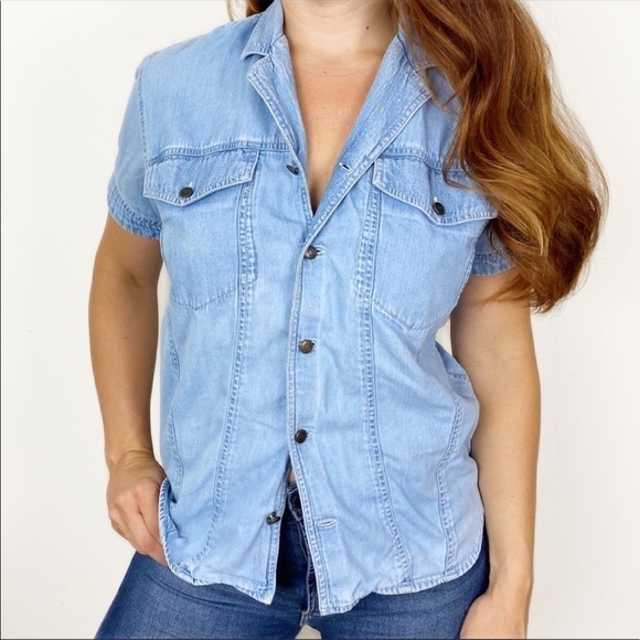 VINTAGE LIZWEAR Retro 90s Cotton Denim Shirt Small Button Front Casual - Picture 1 of 8